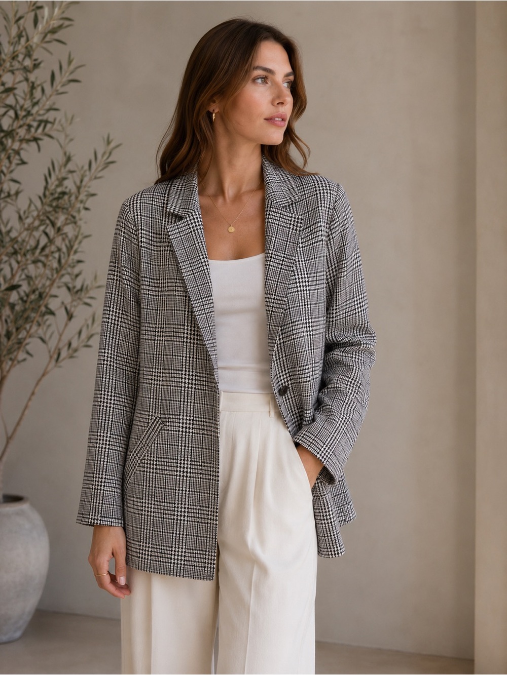 MELLODAY Black White Plaid Glen Plaid Open Front Blazer Coat 1X
